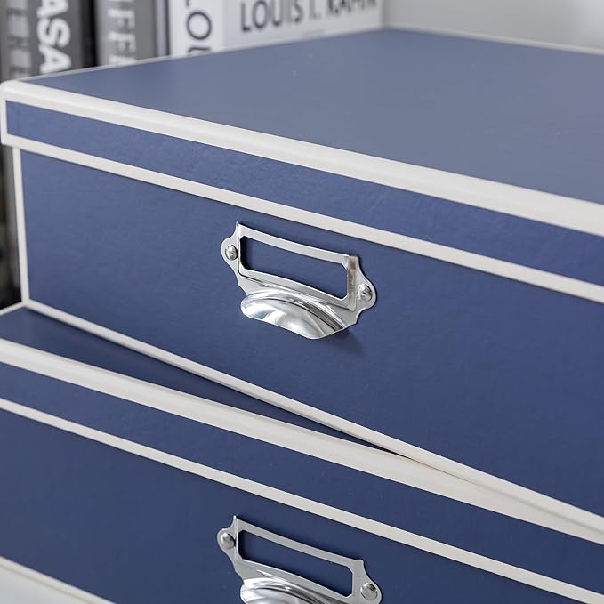 Soul & Lane Decorative Cardboard Storage Boxes with Lids and Label Holders - Set of 3, Memory Boxes for Keepsakes, Office Photo Storage for Pictures, Photo Albums, Documents, Stationery, Heritage Blue