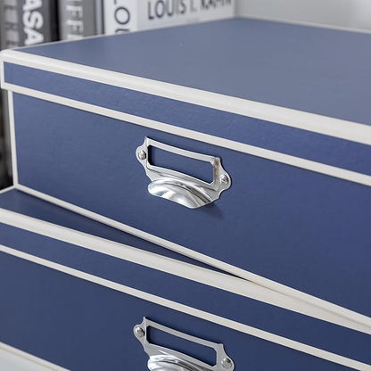 Soul & Lane Decorative Cardboard Storage Boxes with Lids and Label Holders - Set of 3, Memory Boxes for Keepsakes, Office Photo Storage for Pictures, Photo Albums, Documents, Stationery, Heritage Blue