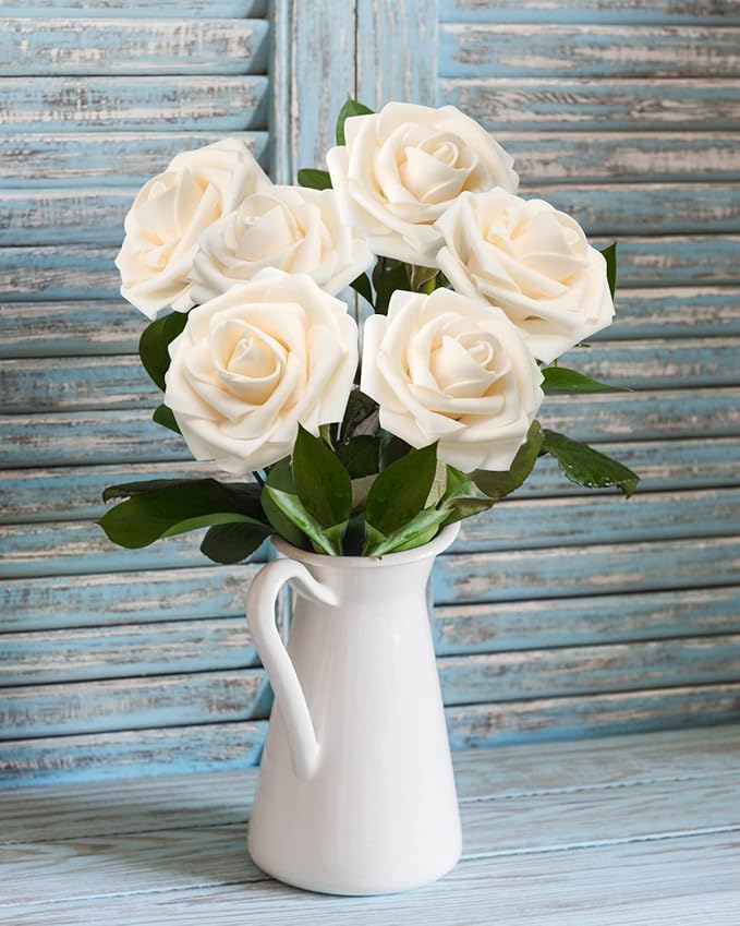 JOYLEX Artificial Flowers Realistic Roses, 25pcs Real Looking Fake Roses with Stem for DIY Wedding Bouquets Centerpieces Bridal Shower Party Home Romantic Decorations (Champagne)
