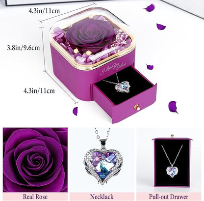 Gifts for Mom Birthday, Preserved Rose with Necklace, Real Purple Forever Rose Gifts for Women, Large 4.3" Eternal Roses Gift for Girlfriend Grandma Wife Mothers Day Anniversary
