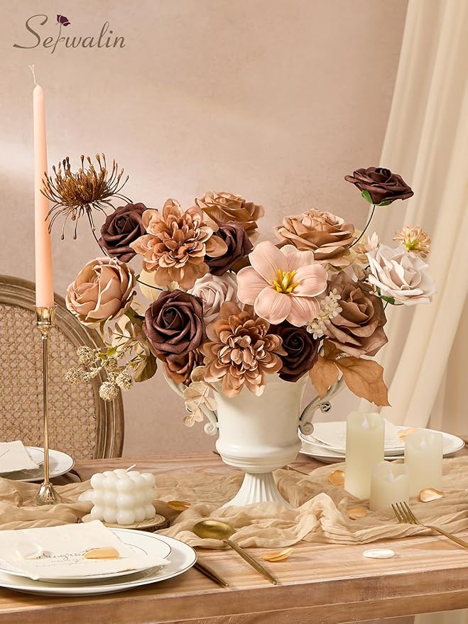 Serwalin Artificial Flowers,Brown & Apricot Fake Silk Flowers for DIY Wedding Bouquets Bridal Shower Centerpieces Floral Arrangements Party Tables Home Decorations