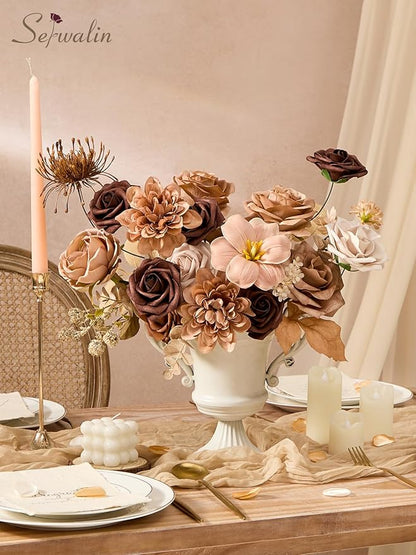 Serwalin Artificial Flowers,Brown & Apricot Fake Silk Flowers for DIY Wedding Bouquets Bridal Shower Centerpieces Floral Arrangements Party Tables Home Decorations
