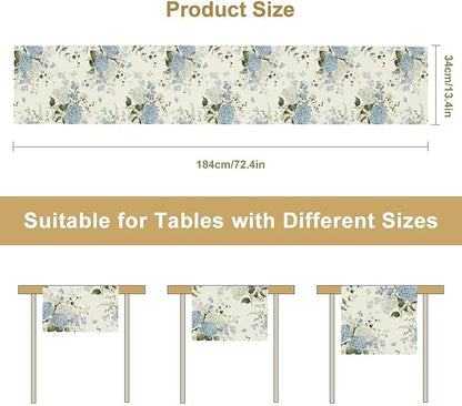 Blue Floral Table Runner, Spring Summer Watercolor Hydrangea Flower Butterfly Country Farmhouse Coffee Table Center Decor for Home Kitchen Dining Patio Holiday Party Table Decorations 13x36 inches