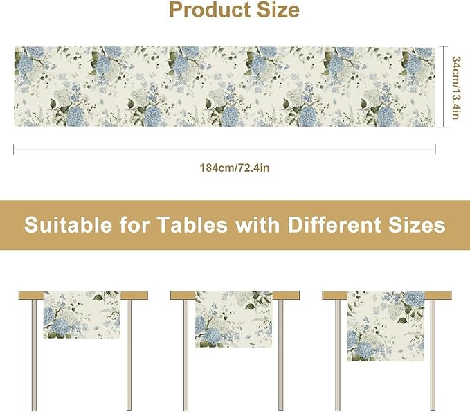 Blue Floral Table Runner, Spring Summer Watercolor Hydrangea Flower Butterfly Country Farmhouse Coffee Table Center Decor for Home Kitchen Dining Patio Holiday Party Table Decorations 13x72 inches