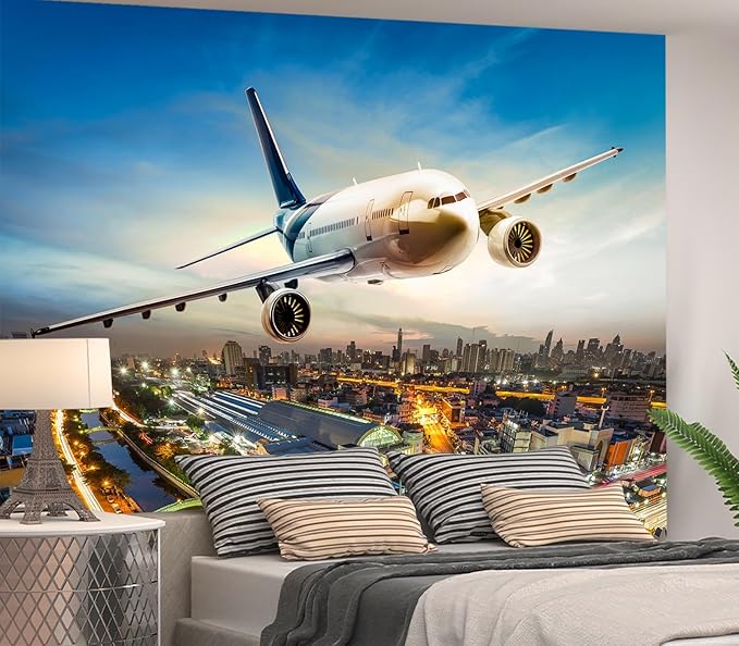 Cliouar-Airplane Flying Over The Night City Wall Mural Wallpaper Peel and Stick 90" x 67"
