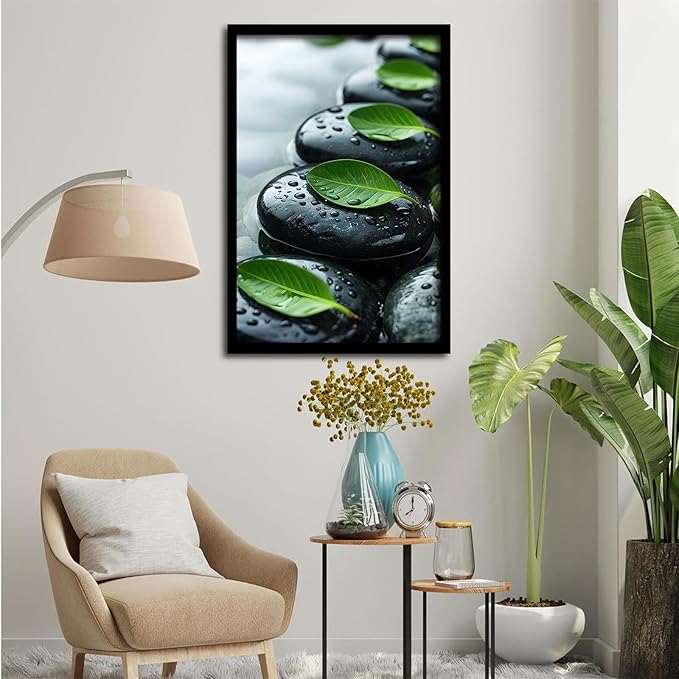 Glittering black stone cluster with fresh green leaves and water drops poster tranquil mist rain wall art zen wall art suitable for modern minimalist home decor 24x36in Metal blackFramed