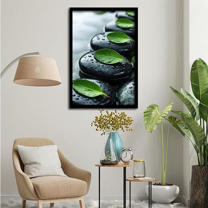 Glittering black stone cluster with fresh green leaves and water drops poster tranquil mist rain wall art zen wall art suitable for modern minimalist home decor 12x18in Metal blackFramed