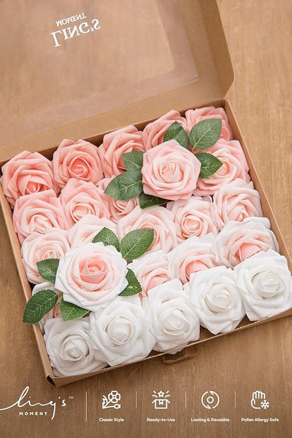 Ling's moment Artificial Flowers, 25Pcs 3" Roses in Shimmer Peach Shades, Realistic DIY Foam Floral Fill for Wedding Bouquets/Centerpieces, Outdoor Party Backdrops, Room/Table, Garden/Pot Decorations