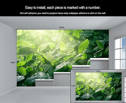 Dewdrops Green Leaf Wall Mural, Botanical Forest Sunlight 3D Wall Murals, Refreshing Nature Wallpaper Mural, for Living Room Bedroom Large Wallpaper Indoor Decor 59" W x39.4 H
