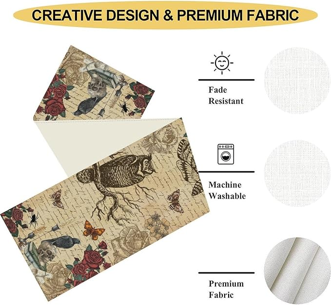 Gothic Floral Table Runner, Retro Dark Skull Moth Vintage Flower Halloween Day of Death Witchy Coffee Table Center Decor for Home Kitchen Dining Patio Holiday Party Table Decorations 13x36 inches