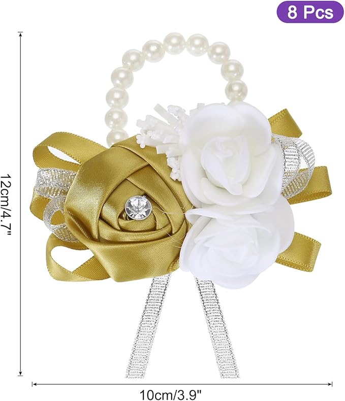 MECCANIXITY 8Pcs Wrist Corsage Artificial Flower Bracelets Rose Wrist Bride Groom Decorative for Wedding Ceremony Prom Party Anniversary Khaki