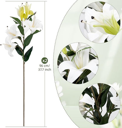 2PCS 37.7Inch White Artificial Lily Flowers With 10 Heads Lilies Faux Flowers for Floor Vase Wedding Home Party Indoor Table Hotel Office Vases Floral Arrangements Outdoor Party Garden Decor(White)