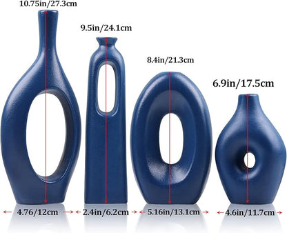Blue Ceramic Vase Set of 4 - Round Hollow Boho Vases for Pampas Grass and Flowers Decor, Modern Minimalist Small Vases for Living Room, Bedroom, Fireplace, Coffee Table Decor and Centerpieces