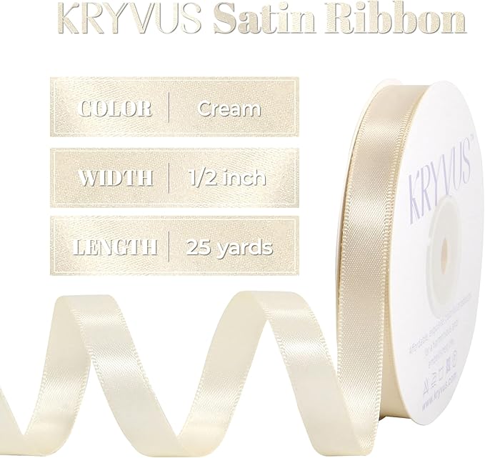 Cream Satin Ribbon, Double Faced 1/2 Inch X 25 Yards Cream Ribbon, Premium Satin Ribbon for Gift Wrapping, Crafts, Hair Bow Making, Sewing, Flower Bouquet, Wedding Party Decor