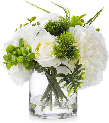 ENOVA FLORAL Artificial Rose Flowers in Vase, Mixed Fake White Rose and Silk Peonies in Vase with Faux Water for Dining Table Centerpieces, Home Decor Indoor
