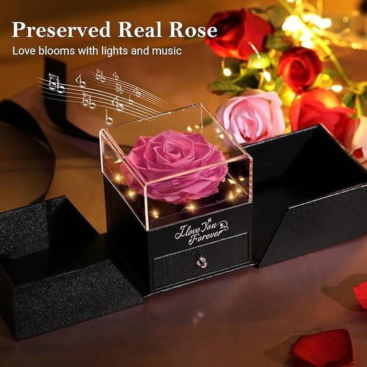 Emibele Preserved Rose Gifts for Women, Eternal Flower Rose Box with Heart Necklace, Romantic I Love You Gifts for Her Women Wife Mom Grandma on Valentines Mothers Day Birthday Anniversary