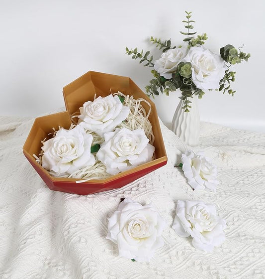 Silk Roses - 16pcs White Large Fake Roses - Wedding Bouquet, Home Decorations