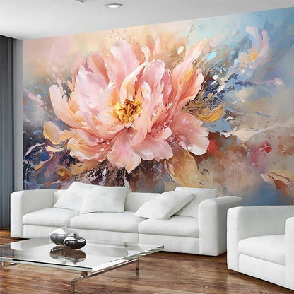Pink Peony Background Oil Painting Floral Texture Mural, Modern Wallpaper, Large Wall Background Painting(Non-self-Adhesive)