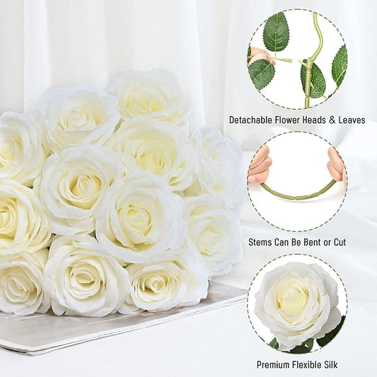 Waipfaru 16 Pcs Artificial Flowers Fake Silk White Roses Bulk, Faux Real Touch Roses Bouquet with Long Stem for Wedding Party Home Decor (White)
