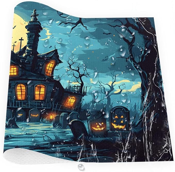 Halloween Castle Moon Scary Placemats Set of 1 PVC Vinyl Non Slip Table Mats Heat Resistant Place Mats Washable Wipeable Dining Table Mat for Kitchen Decor Party Indoor Outdoor Decorative Gift