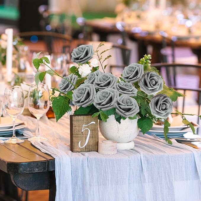 JOYLEX Artificial Flowers Realistic Roses, 50pcs Real Looking Fake Roses with Stem for DIY Wedding Bouquets Centerpieces Bridal Shower Party Home Romantic Decorations (Regular 3" - 50pcs, Grey)