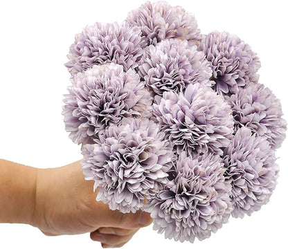 10Pcs Artificial Fake Flower Plants Silk Chrysanthemum Ball Hydrangea Arrangements Wedding Bouquets Decor Home Kitchen Garden Party Table Floral Centerpieces DIY (Grey Purple)