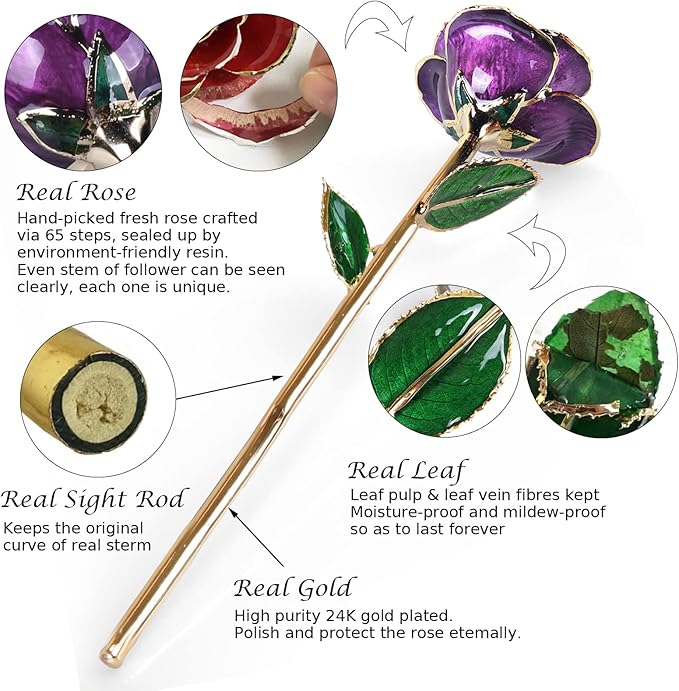 Sinvitron Gold Dipped Infinity Rose Forever Flower Decor, Resin Preserved Real Rose Birthday Gift for Women, Anniversary Present for Mom (Purple)