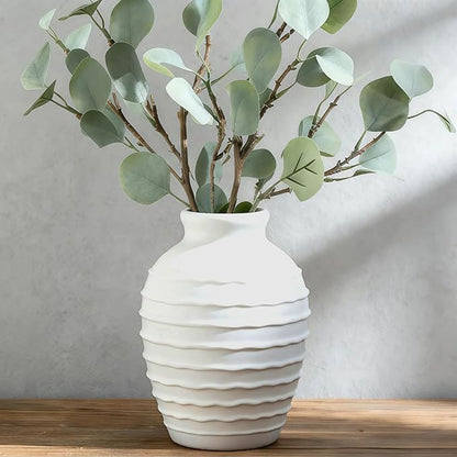 Ceramic Vase, 6.7 inch Ribbed Textured Minimalist Rustic Farmhouse Terracotta Vase for Home Decor, Table, Living Room, Entryway, Shelf, Mantel Decoration (Rice White)