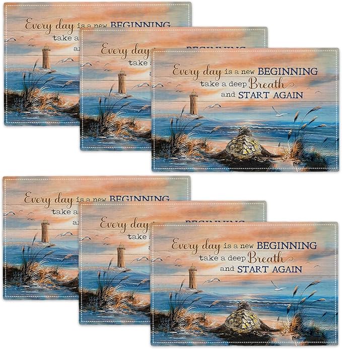 Sea Turtle Beach Summer Placemats Set of 6 Coastal Lighthouse Nautical Inspirational Quotes Double-Sided Table Mats for Dining Room Home Party Indoor 6 PCS 12x18 Inch