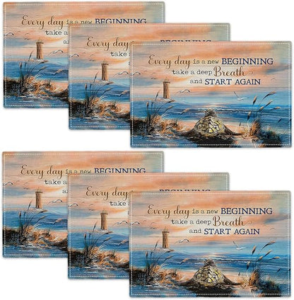 Sea Turtle Beach Summer Placemats Set of 6 Coastal Lighthouse Nautical Inspirational Quotes Double-Sided Table Mats for Dining Room Home Party Indoor 6 PCS 12x18 Inch