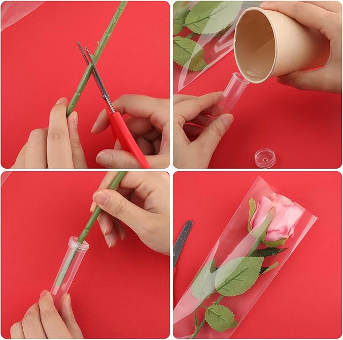 200 PCS Single Flower Sleeves Wrapping Bags with Floral Water Tubes for Bouquets, Single Rose Florist Bouquet Packaging Bags for Birthday Valentines Day, Wedding, Mother's Day Gifts