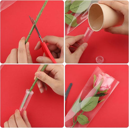200 PCS Single Flower Sleeves Wrapping Bags with Floral Water Tubes for Bouquets, Single Rose Florist Bouquet Packaging Bags for Birthday Valentines Day, Wedding, Mother's Day Gifts