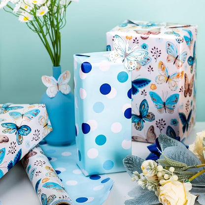 MAYPLUSS Butterfly Wrapping Paper, Vintage Watercolor Butterfly Fairy Gift Wrapping Paper for Women Girls Pearl Birthday Wrap in Blues Reversible Polka Dot for Baby Shower, Wedding (17Inch X 33Feet)