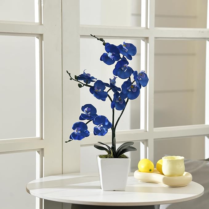 15" Tall Artificial Silk Phalaenopsis Orchid Flower Plant Pot Arrangements (Navy Blue)