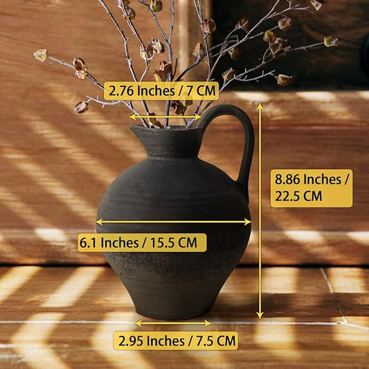 Ceramic Rustic Farmhouse Vase with Handle, 8.7 Inch Black Vintage Vase, Rustic Ceramic Pottery for Home Decor, Farmhouse Decor Centerpiece for Kitchen, Living Room, Entryway