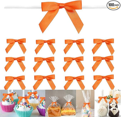 100 Pack Orange Satin Pretied Bows, 3" Satin Ribbon Twist Tie Bows for Gift Bags, Crafts, Weddings & Holidays