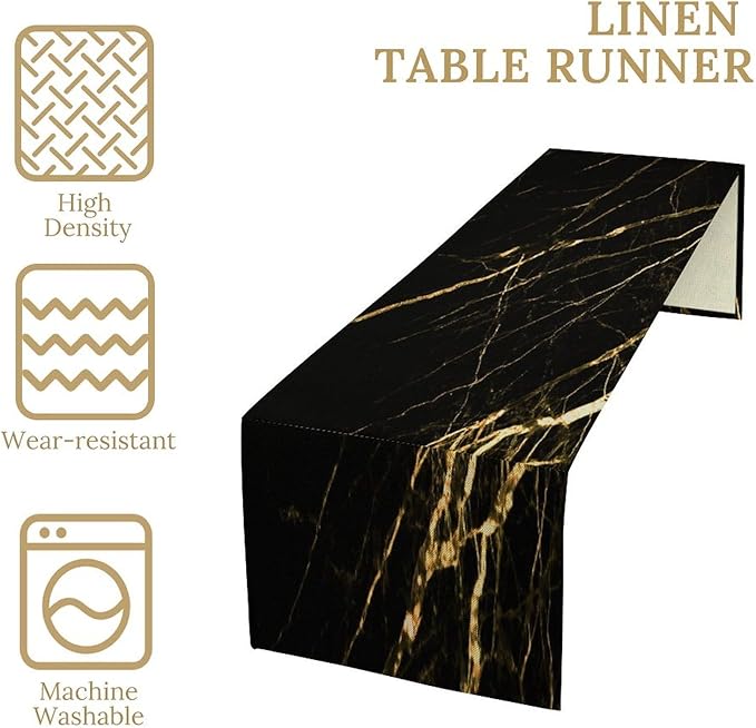 Black Grey Marble Table Runner Abstract Gold Black Grey Marble Pattern Seasonal Dinner Runner Table Decoration for Farmhouse Home Kitchen Dining Holiday Party 13x90in