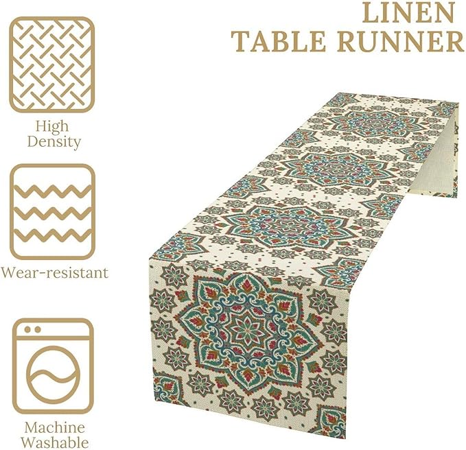 Boho Table Runner, Colorful Bohemian Mandala Geometric Floral Table Runner for Kitchen Dining Home Party Decoration, 13x108 Inch