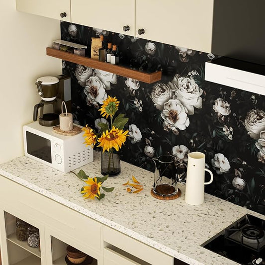 Dark Floral Wallpapr Peel and Stick Boho Wallpaper 17.5in x 118in Black Contact Paper Waterproof Self Adhesive Vintage Large Floral Wall Paper for Bedroom Walls Cabinet Decor