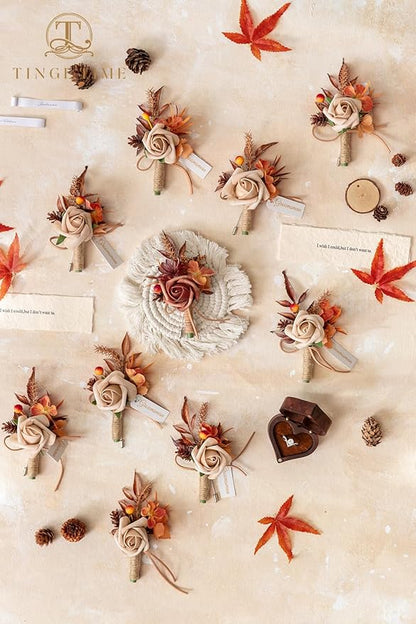 TINGE TIME Boutonniere for Men, Groom and Best Man Boutonniere for Wedding Ceremony Anniversary, Formal Dinner Party and Rustic Fall Wedding Marriage (Maple Red)