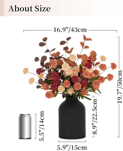 BLOSMON Flower Centerpiece Table Decorations: Metal Vase with 12 Stems of Fake Mums Kiku Flowers Eucalyptuses for Home Dining Room - Burnt Orange Artificial Pom Poms Floral Arrangement in Vase