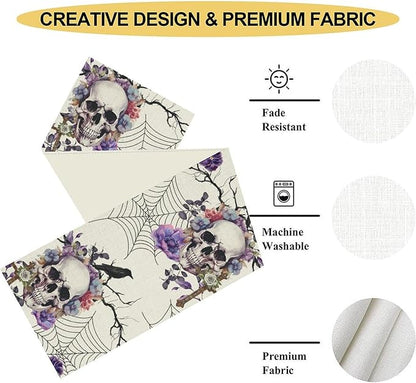 Gothic Floral Table Runner, Retro Dark Skull Spider Web Crow Flower Halloween Witchy Coffee Table Center Decor for Home Kitchen Dining Patio Holiday Party Table Decorations 13x36 inches