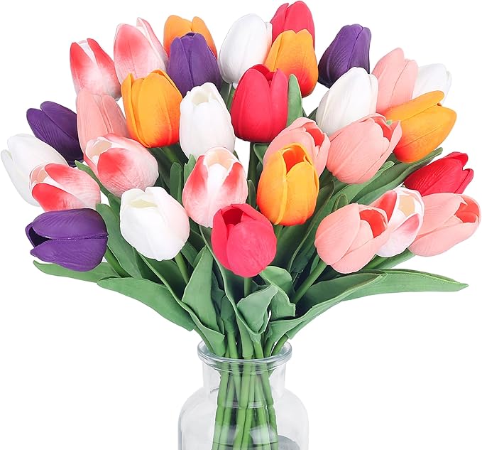 5 Color 20pcs Tulips Artificial Flowers for Real Touch Fake Tulips Slik Faux Flowers for Summer Wedding Bouquet Easter Mother's Day Home Decor (14 Inch)