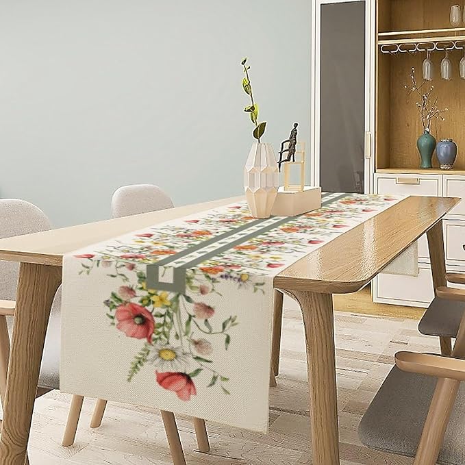 Watercolor Floral Table Runner, Red Wildflowers Botanical Nature Farmhouse Design Table Runner for Kitchen Dining Home Party, 13x36 Inch