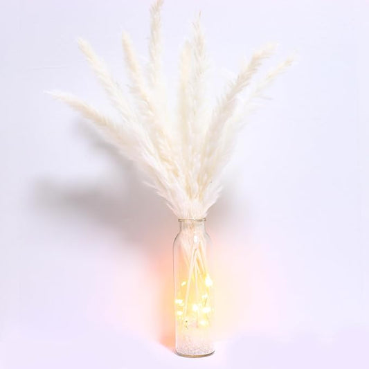 White Pampas Grass in Glass Vase with LED Lights & Faux Crystals, Dried Flowers Modern Floral Centerpiece for Home Decors Living Room Office Wedding Boho Farmhouse Table Decor