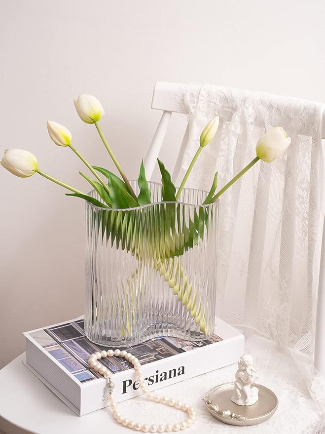 Glass Vase for Centerpieces,Modern Large Vase for Flowers,Footprint Shape Striped Bottle for Home,Office Restaurant Desk Decor 8.3 Inch (Clear)