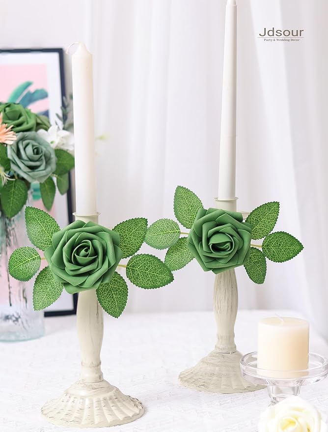 25pcs Artificial Flower，Real Looking Foam Roses w/Stem for DIY Wedding Bouquets Centerpieces Bridal Shower Party Decor-Shades of Army Green