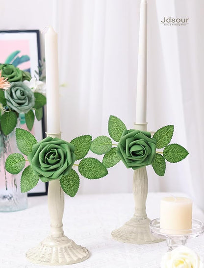 25pcs Artificial Flower，Real Looking Foam Roses w/Stem for DIY Wedding Bouquets Centerpieces Bridal Shower Party Decor-Shades of Army Green
