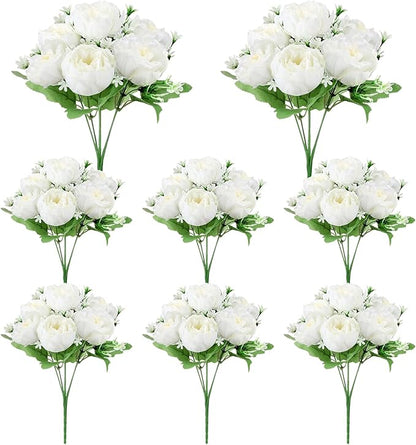 8 Pack White Peonies Artificial Flowers, Fake Silk Hydrangea Bouquet for Bridal Wedding Home Table Decor Reusable Dining Opening Ceremony Birthday Arrangement Faux Floral