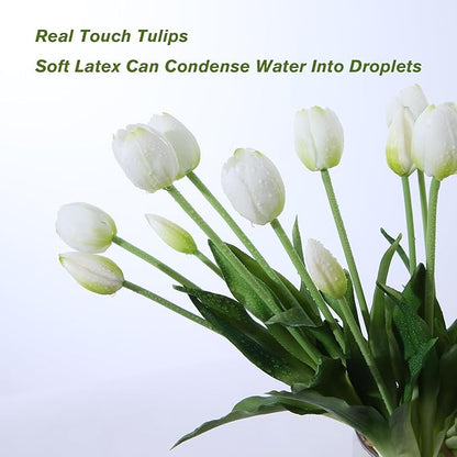 10PCS White Fake Tulips Artificial Flowers Real Touch Latex Faux Tulips UV Resistant Fake Flowers Bouquet for Table Home Decor Party Wedding Garden Decoration